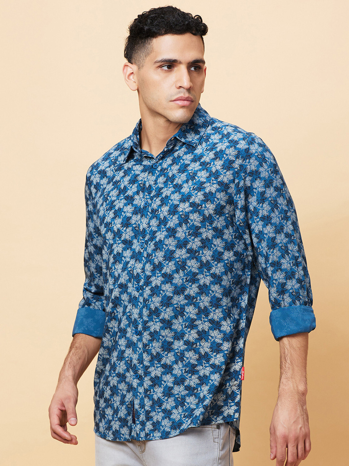 Image of BEING HUMAN Men Floral Print Casual Blue Shirt