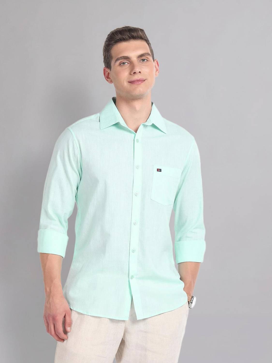 AD by Arvind Men Solid Casual Green Shirt