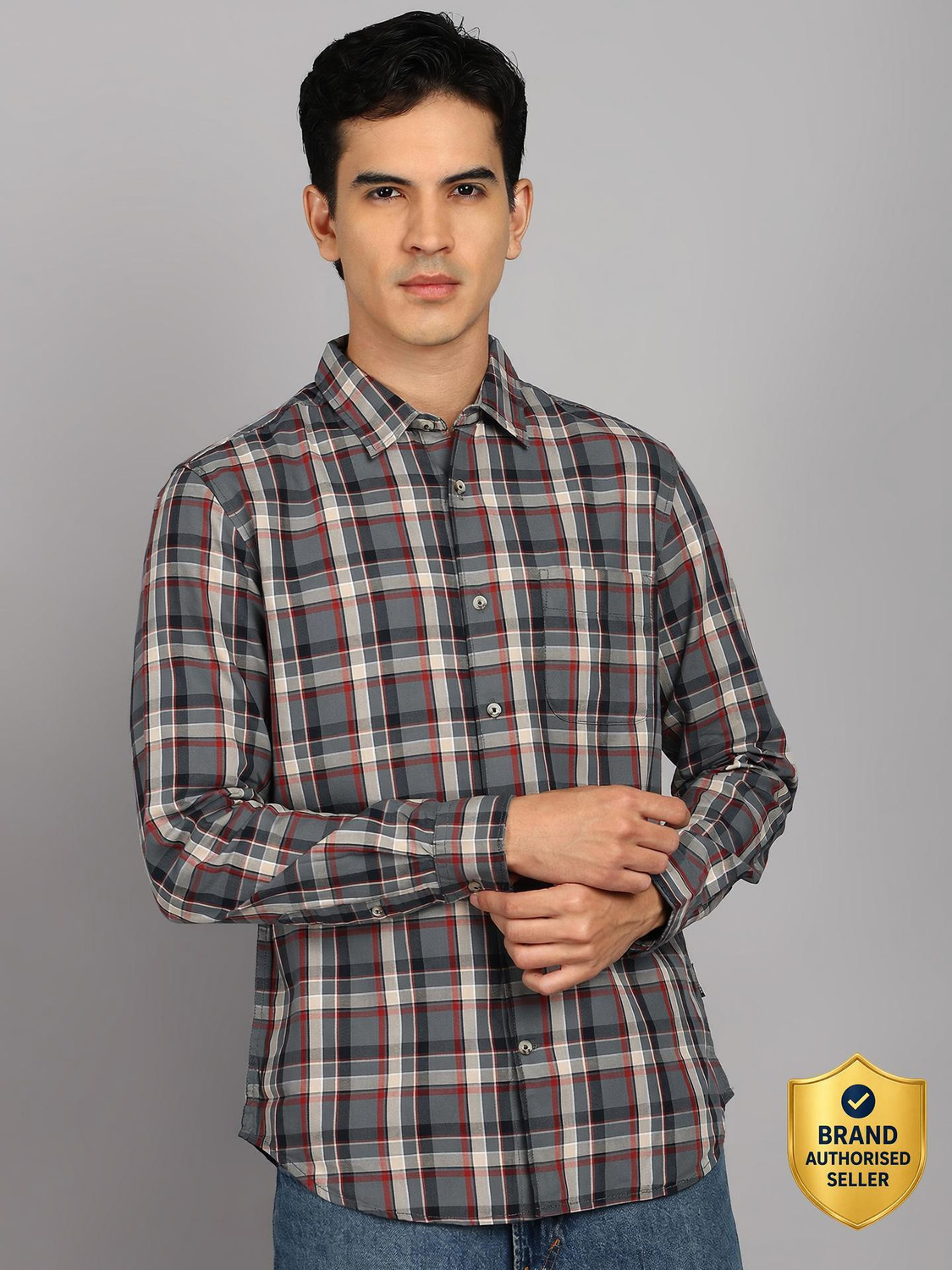 Image of FLYING MACHINE Men Checkered Casual Grey Shirt