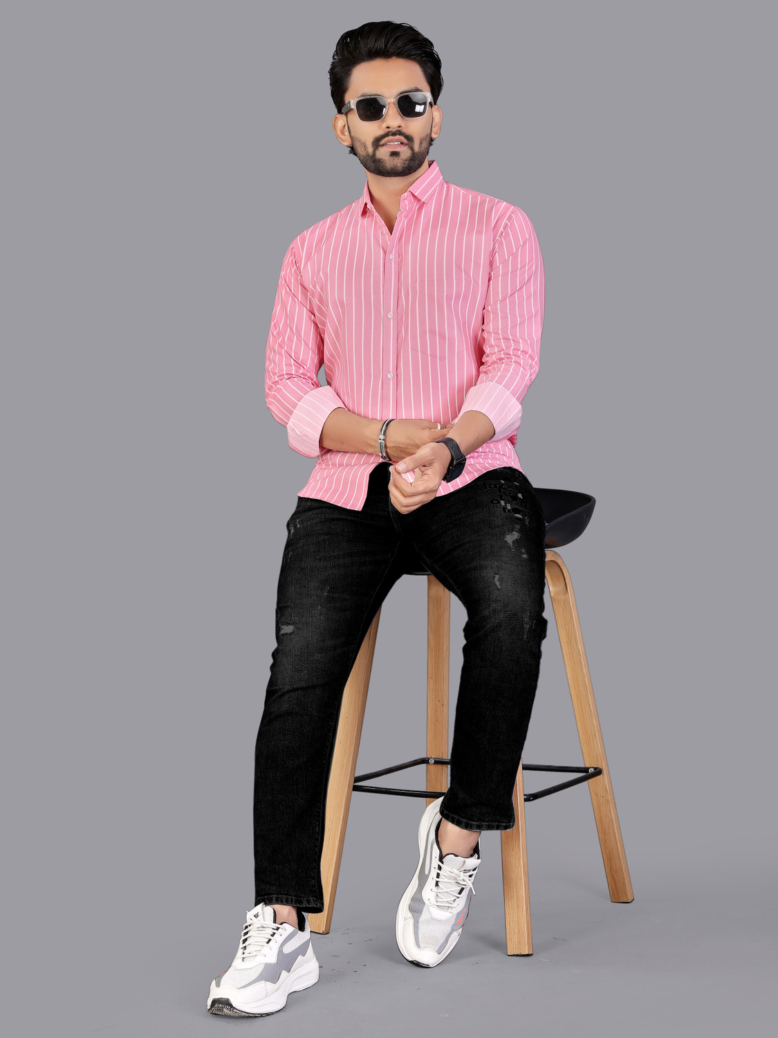 Image of DISHANK CREATION Men Striped Casual Pink Shirt