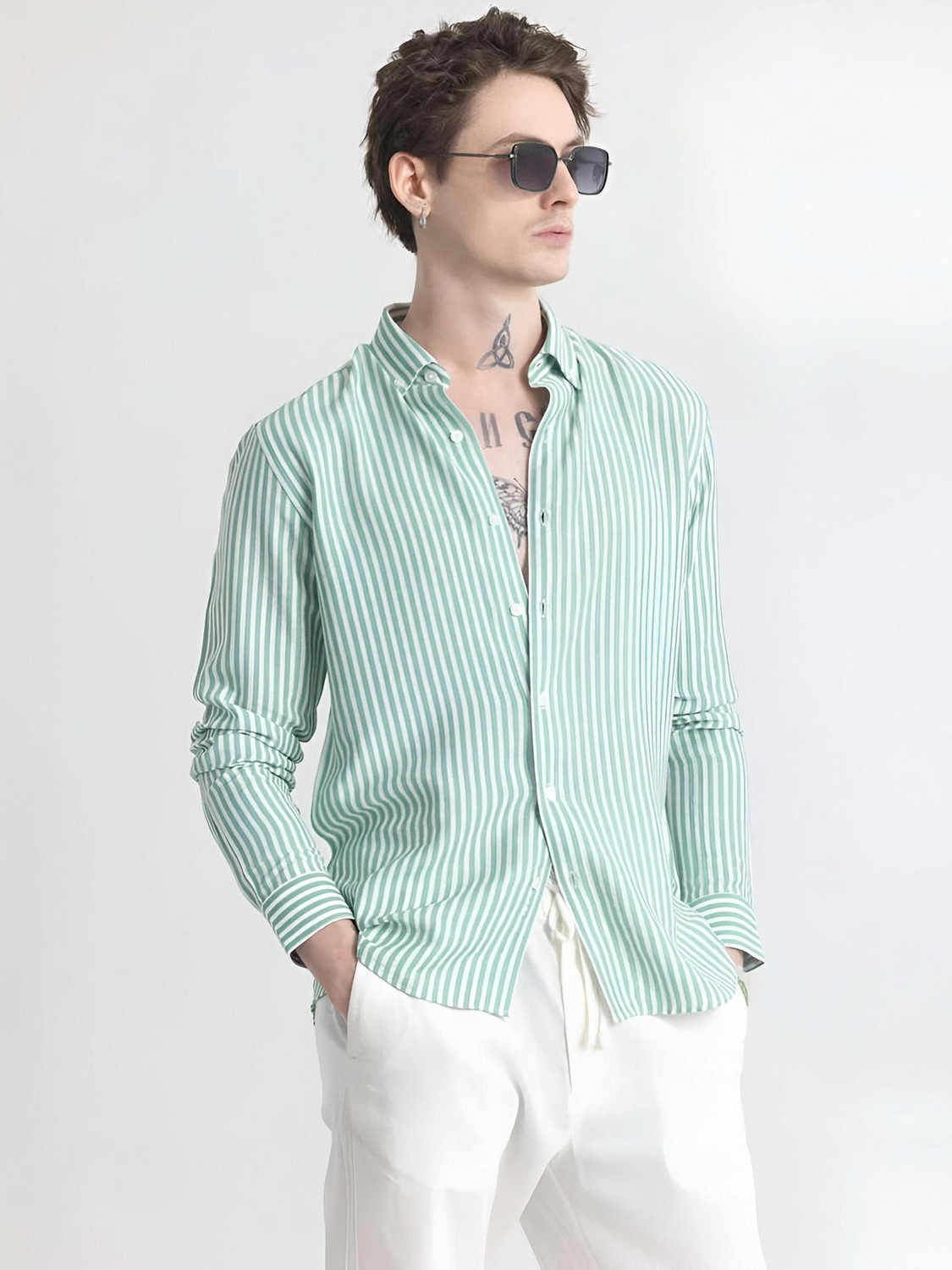 Image of METRONAUT Men Striped Casual Green Shirt