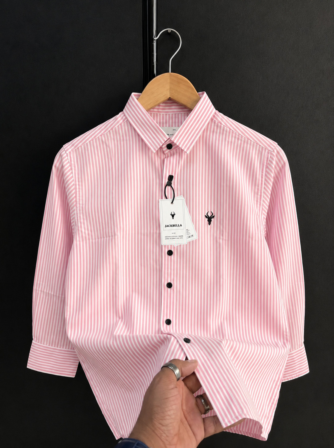 Image of JACKBELLA Men Striped Casual Pink, White Shirt
