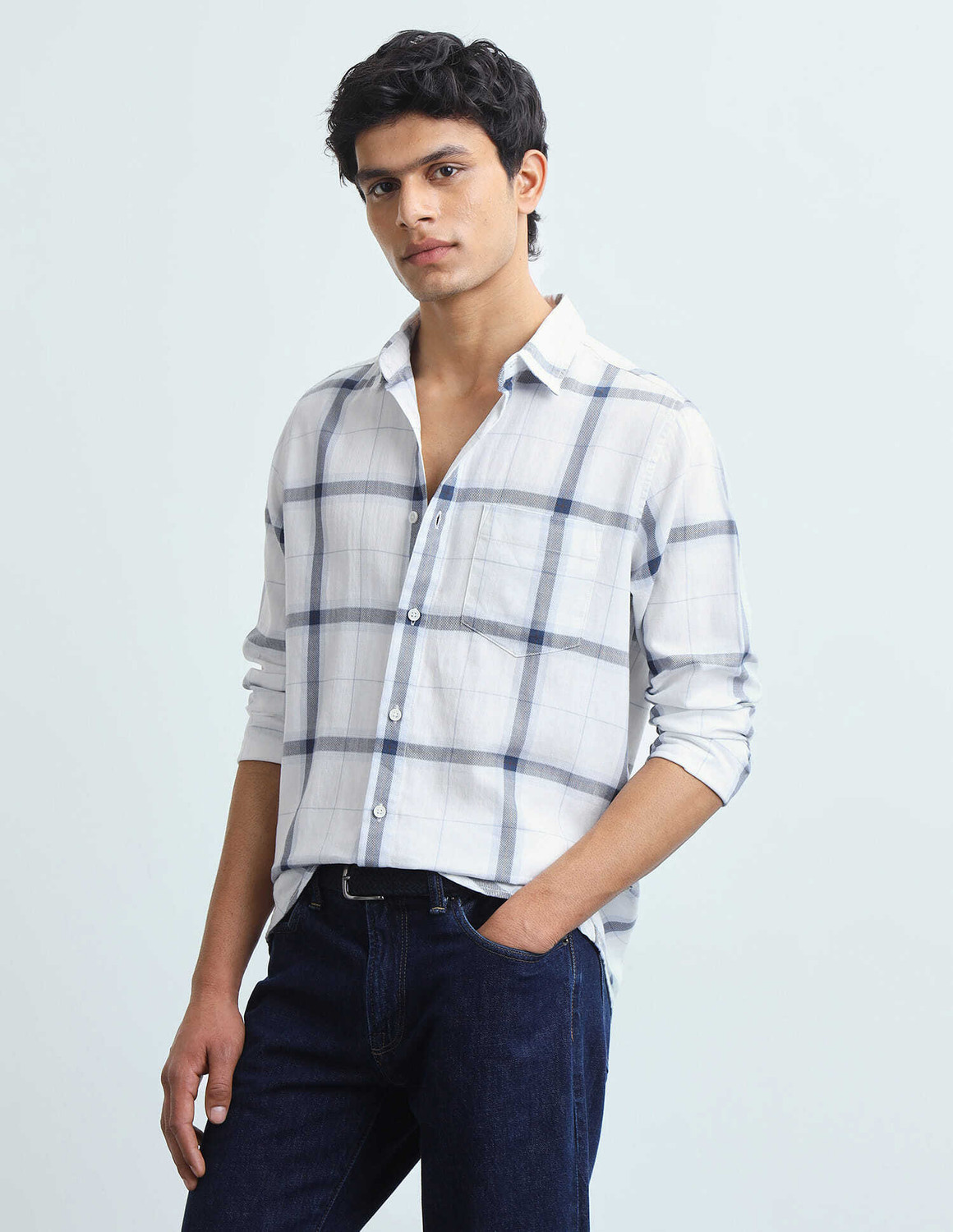 Image of FLYING MACHINE Men Checkered Casual White Shirt