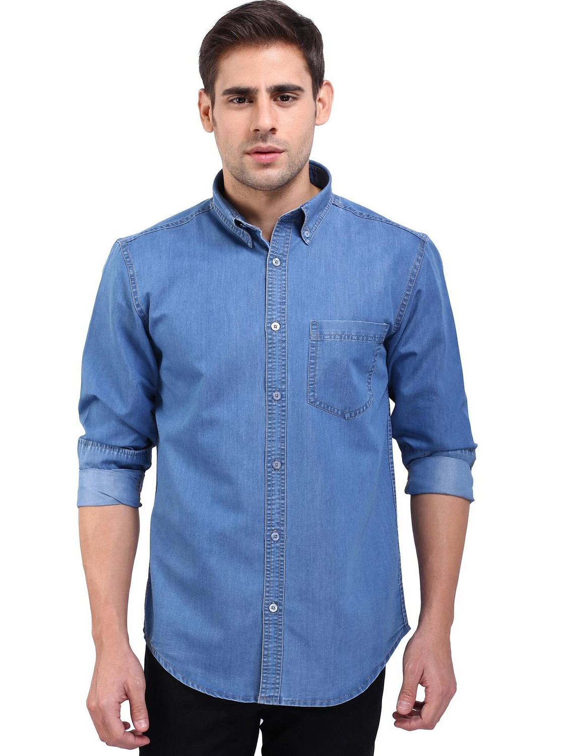 Image of FLAGS Men Solid Casual Light Blue Shirt