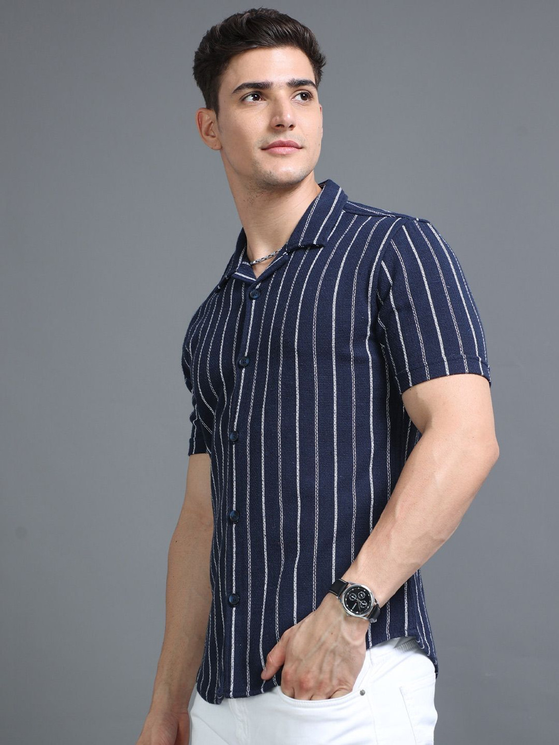 Image of HERE&NOW Men Striped Casual Blue Shirt