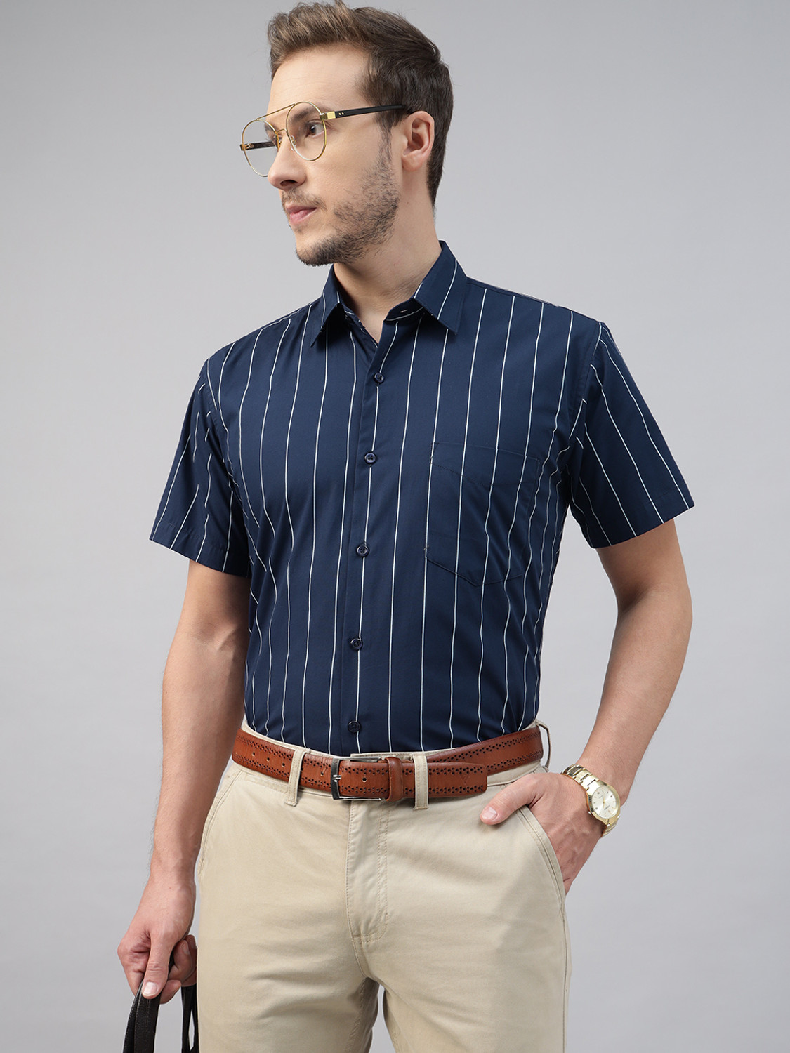 Image of Hancock Men Striped Formal Dark Blue Shirt