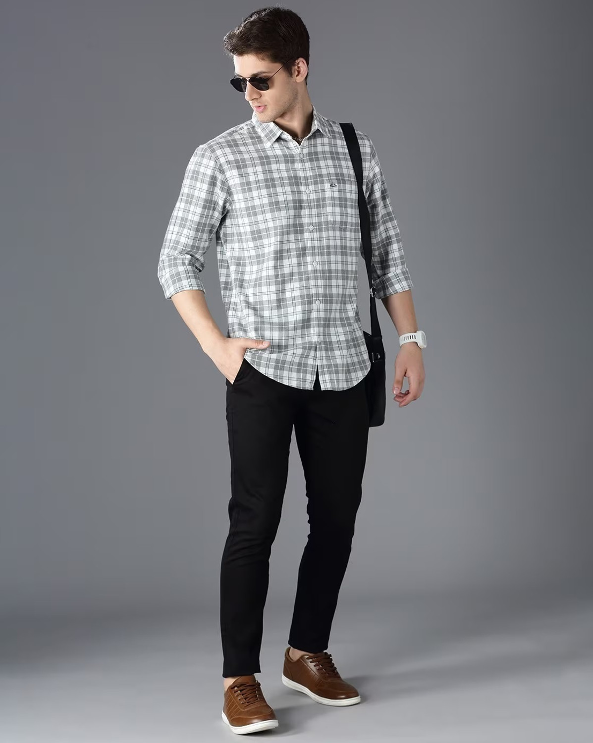 Image of U TURN Men Checkered Casual Grey Shirt