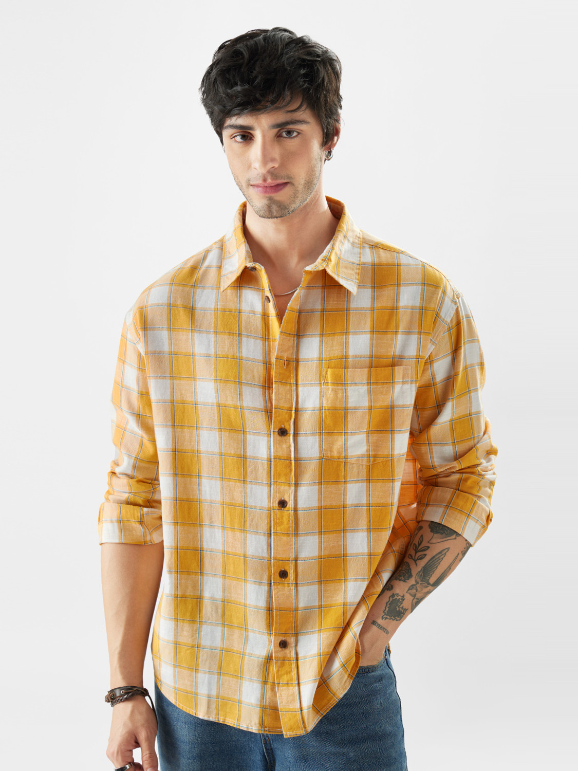 Image of The Souled Store Men Checkered Casual Yellow, White, Black Shirt