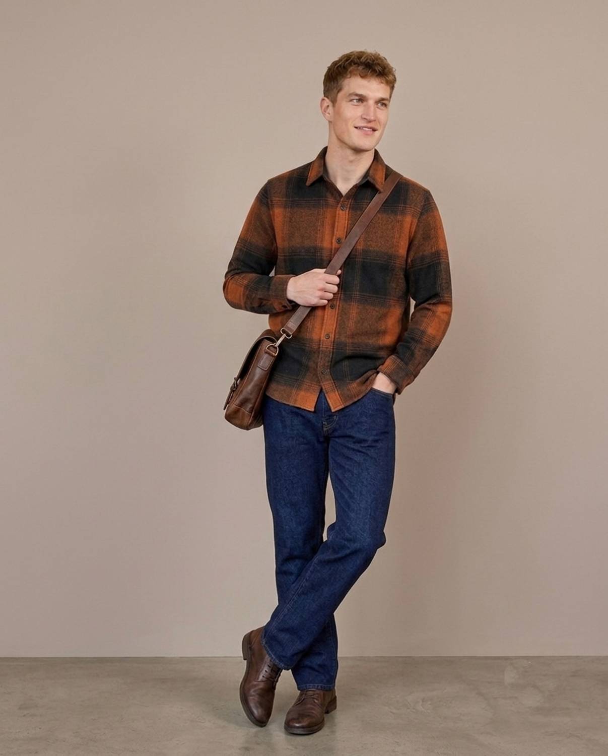 DEEMOON Men Orange Checkered Casual Shirt - Image 4