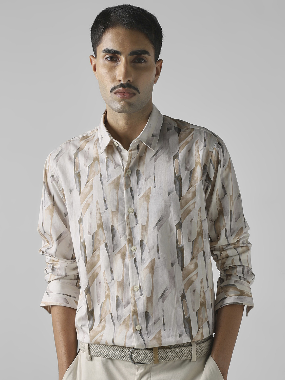 Image of MUFTI Men Printed Casual Beige, White Shirt