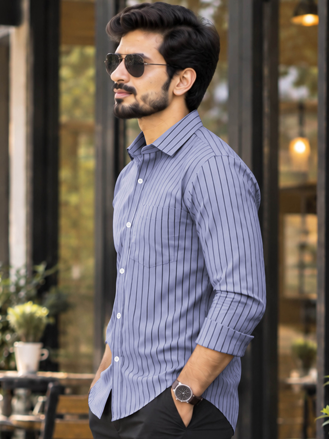 Image of VeBNoR Men Striped Formal Light Blue Shirt
