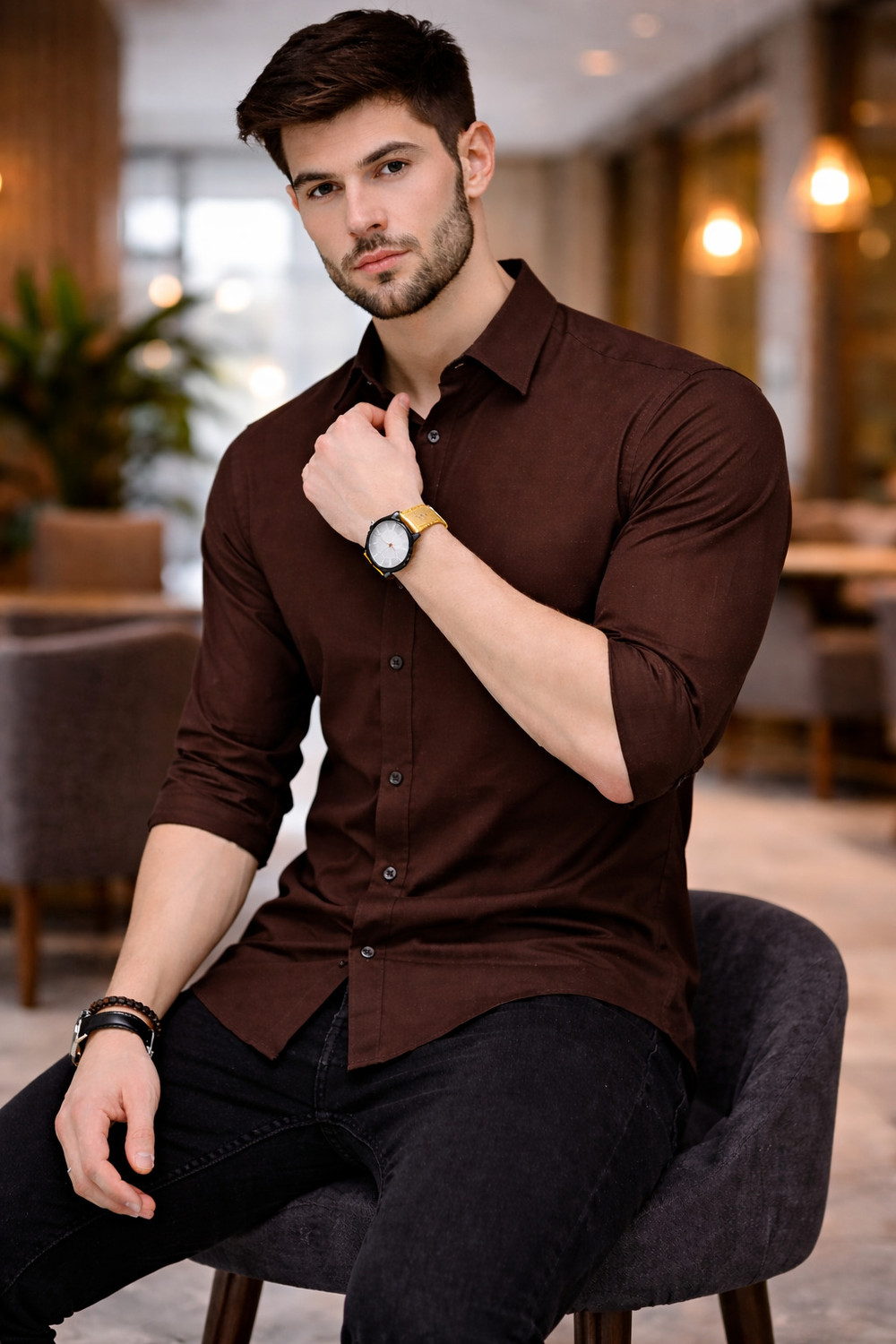 Image of BROCON Men Solid Casual Brown Shirt
