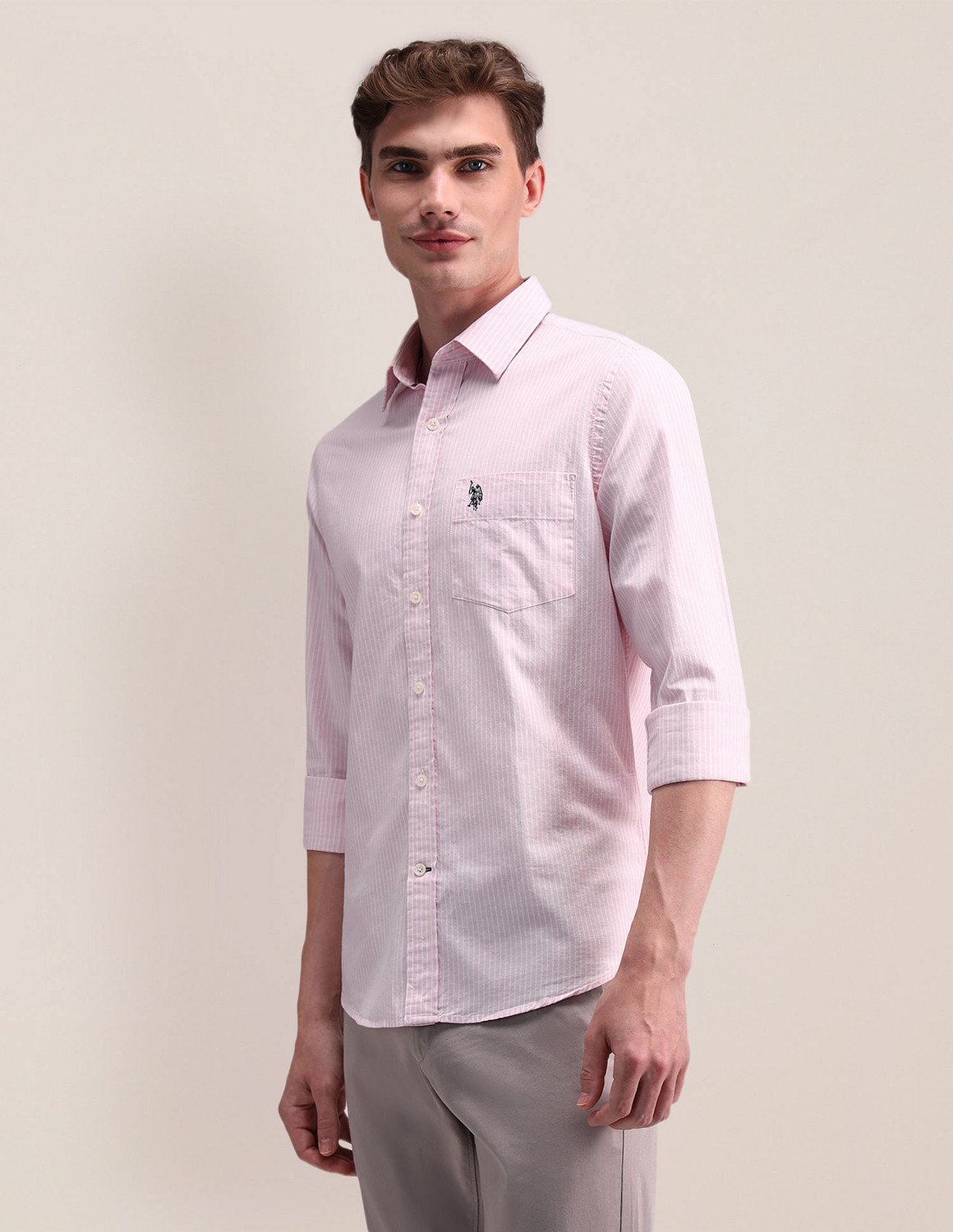 Image of U.S. POLO ASSN. Men Striped Casual Pink Shirt