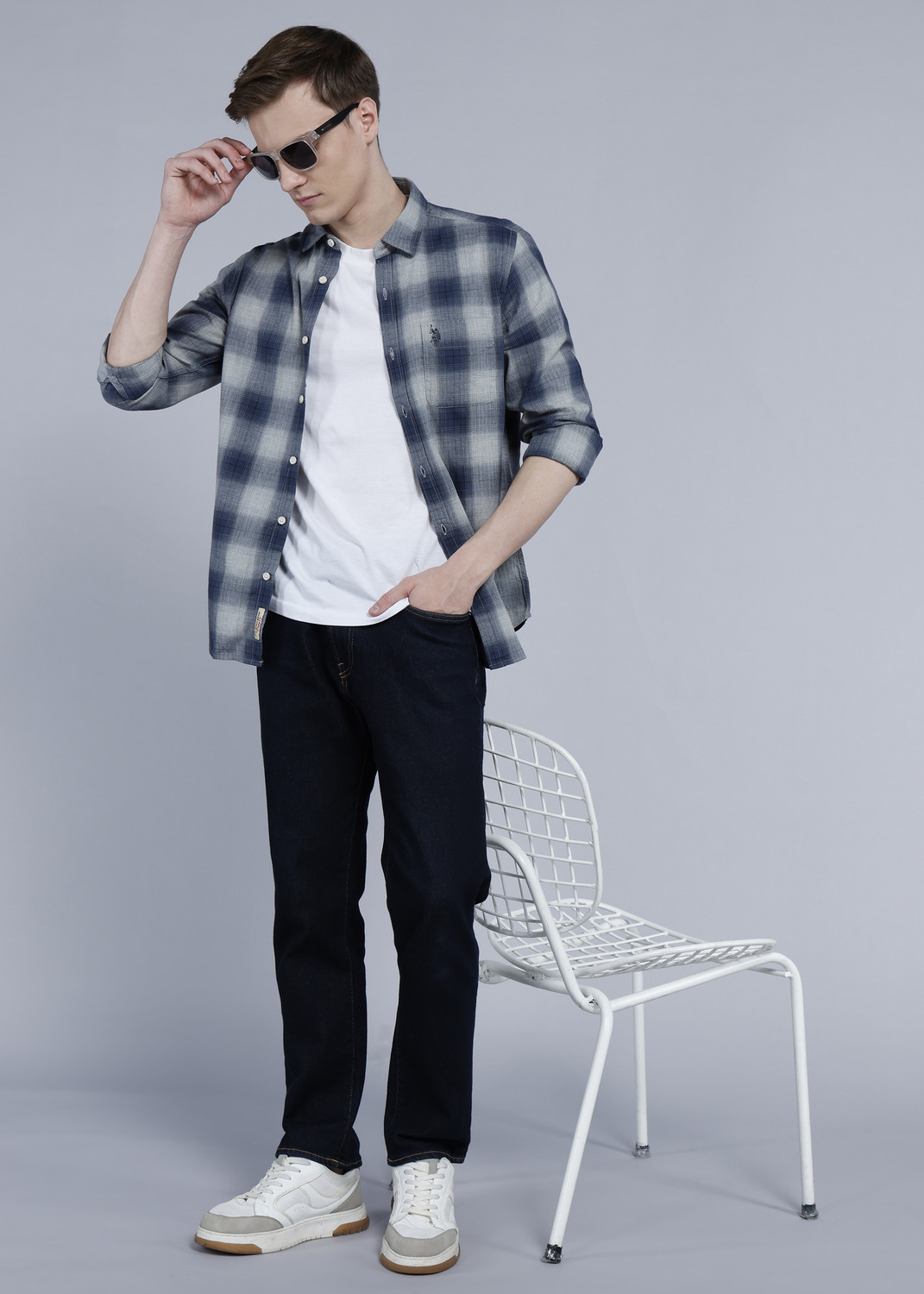 Image of U.S. Polo Assn. Denim Co. Men Checkered Casual Blue, Grey Shirt