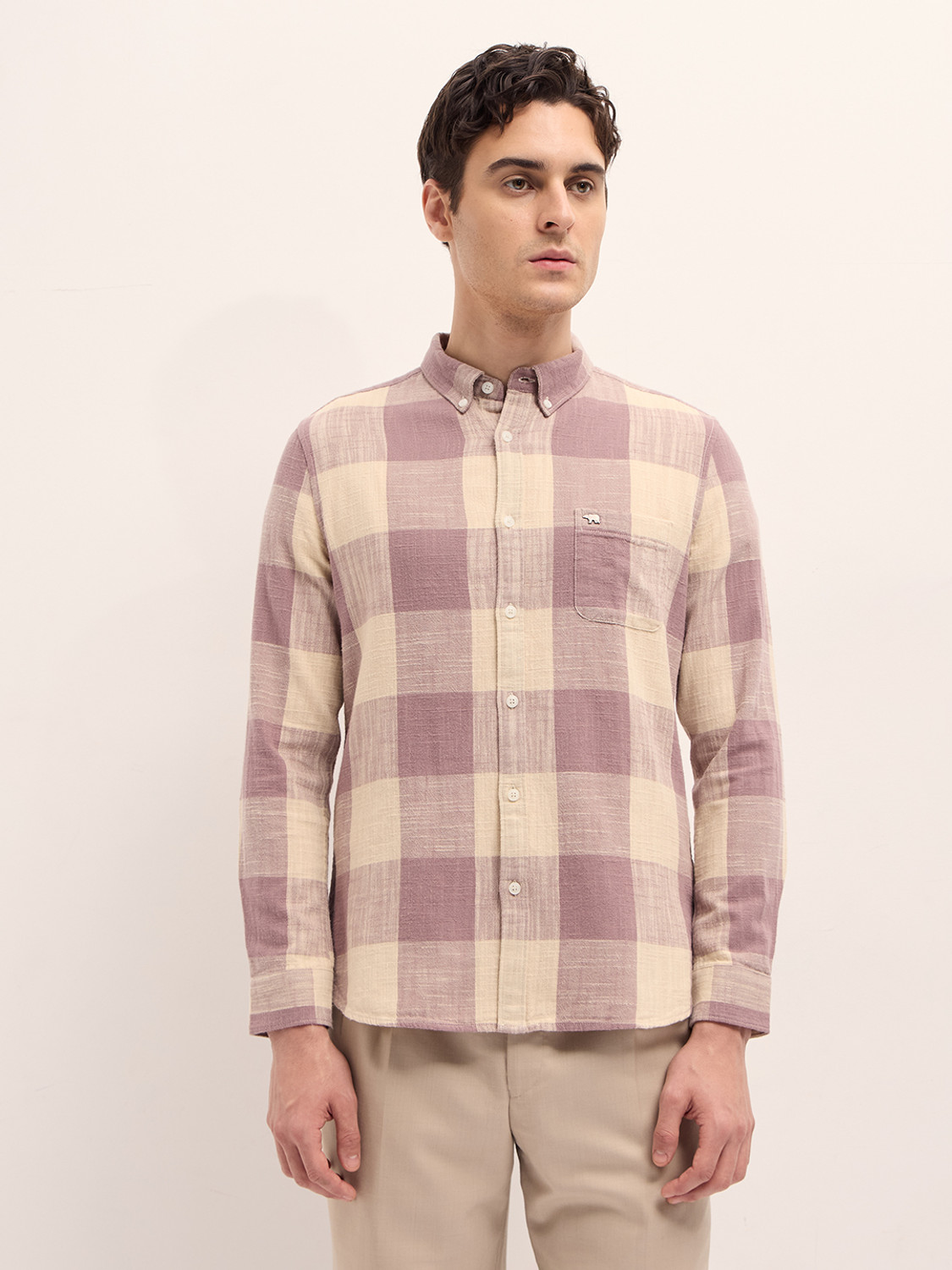 Image of THE BEAR HOUSE Men Checkered Casual Pink Shirt