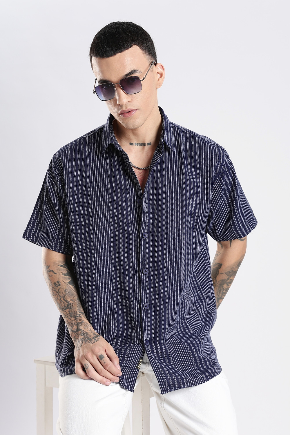 Image of ADRO Men Striped Casual Dark Blue Shirt