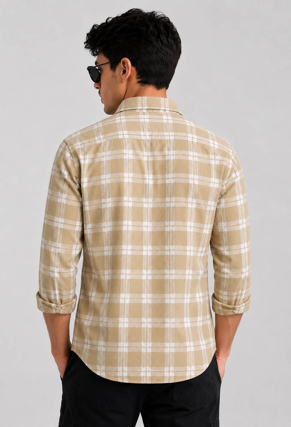 FUBAR Men Checkered Casual Beige Shirt - Image 3