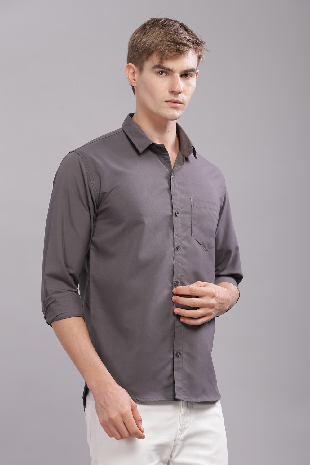 Image of Uzmax Men Solid Casual Grey Shirt