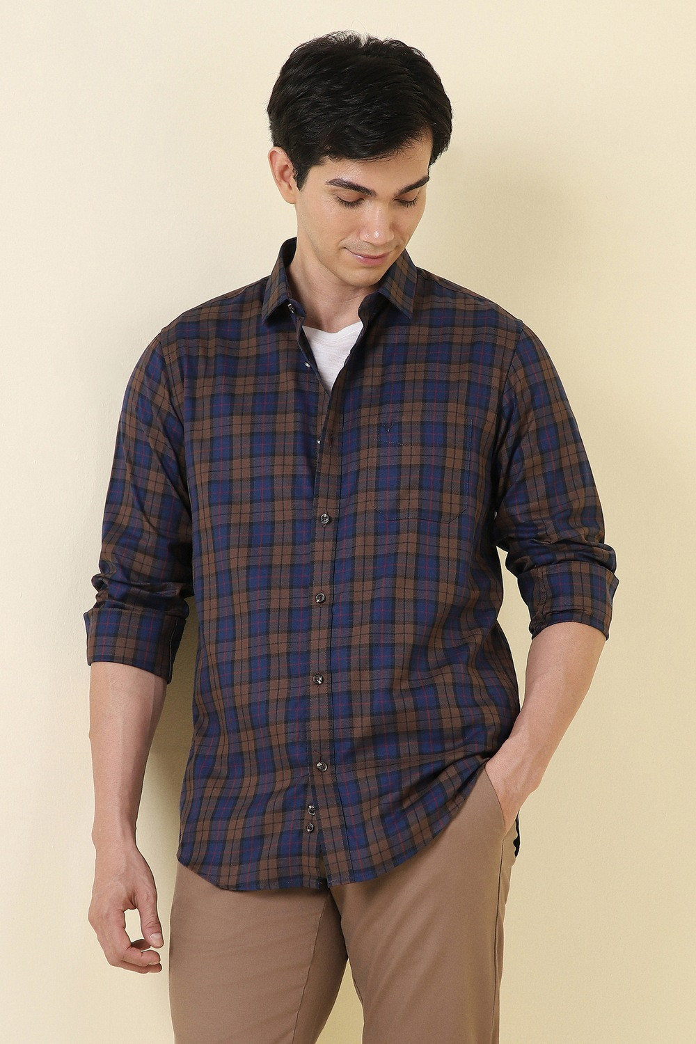 Image of Allen Solly Men Checkered Casual Dark Blue Shirt