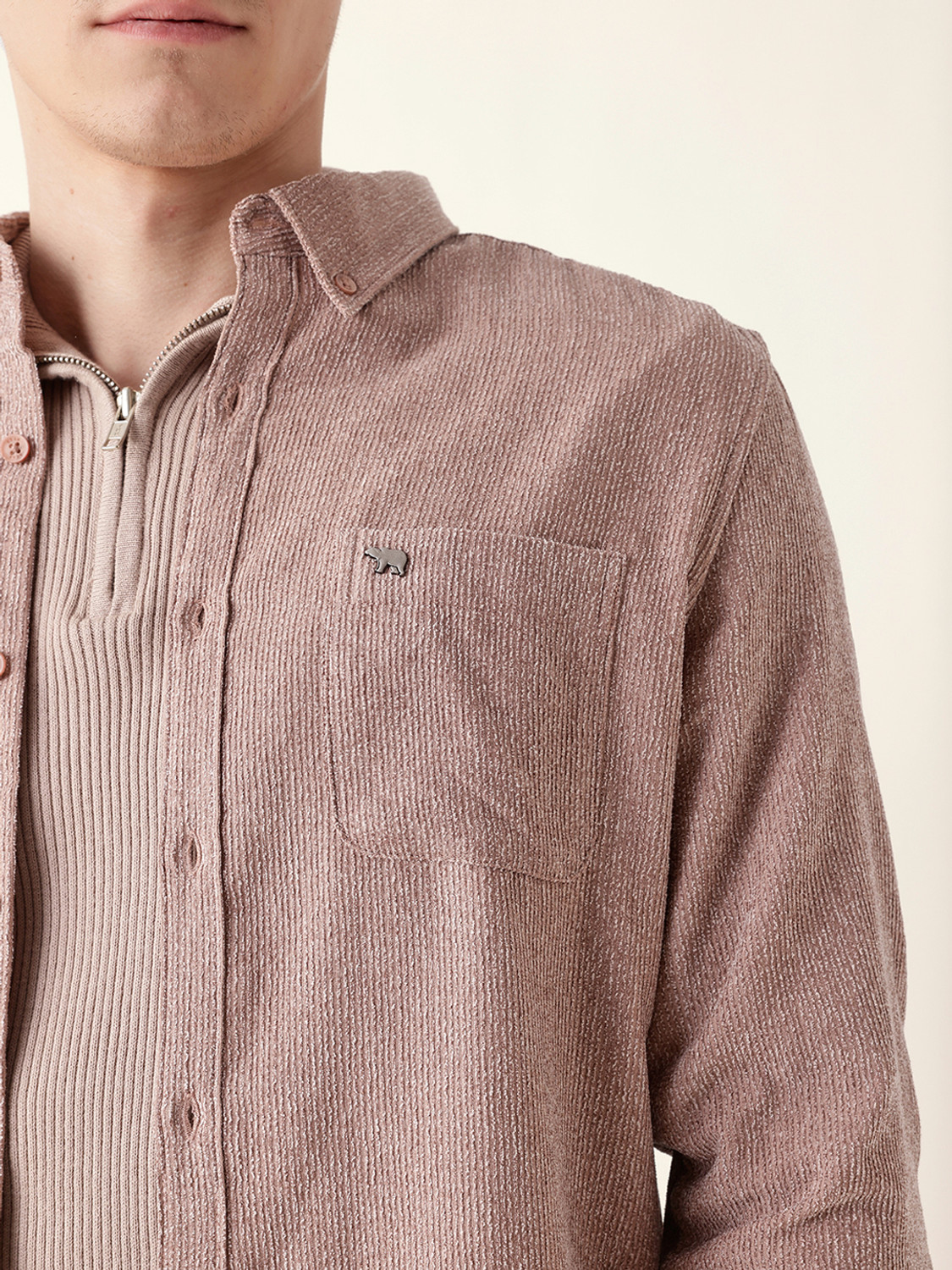 Image of THE BEAR HOUSE Men Self Design Casual Pink Shirt