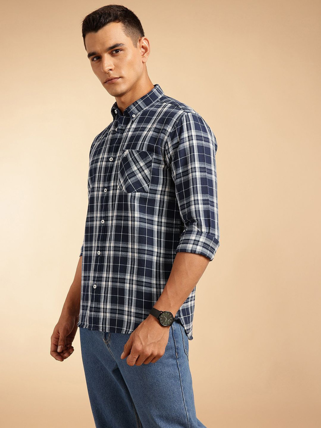 Image of French Connection Men Checkered Casual Blue Shirt