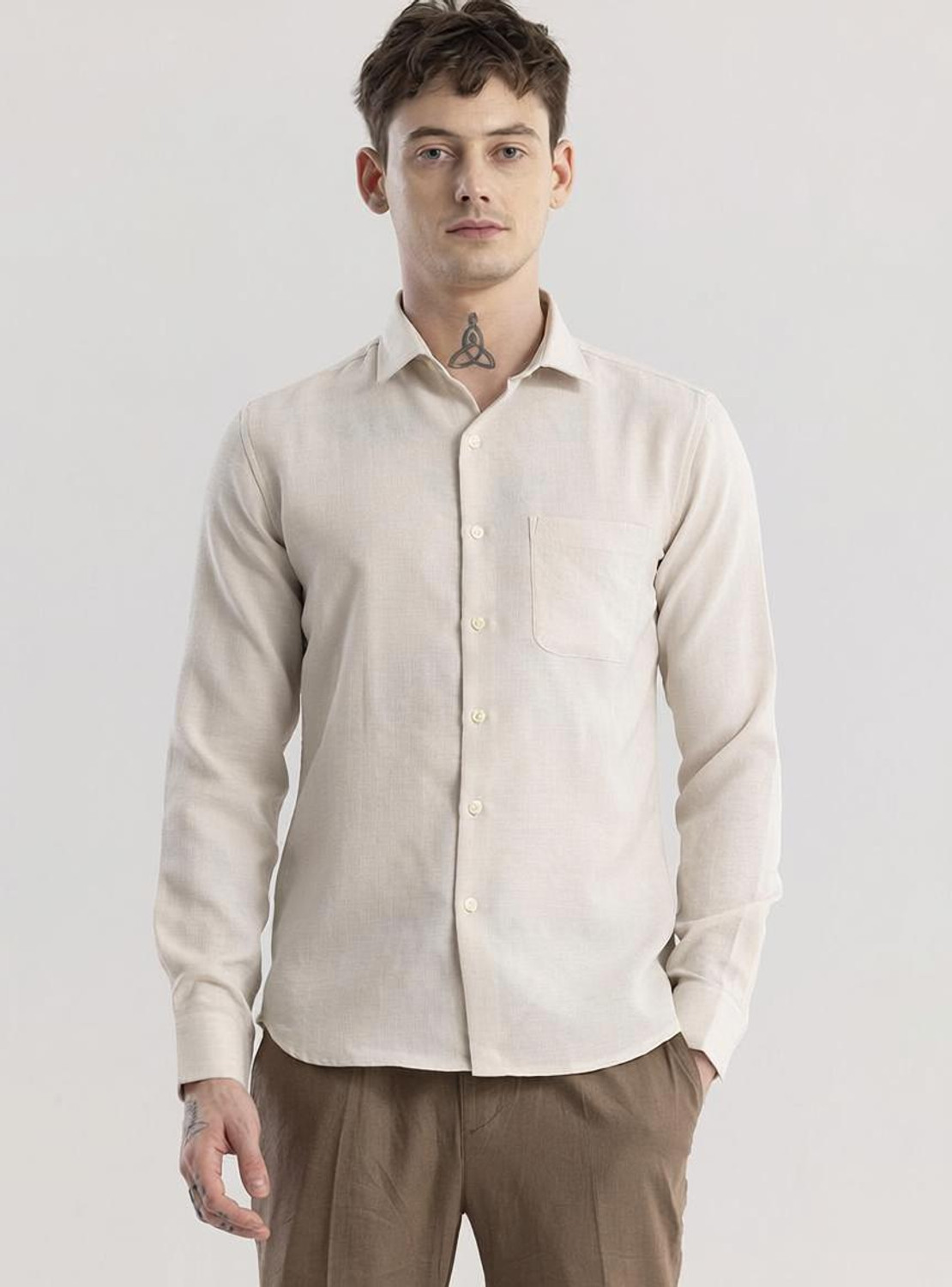 Image of Snitch Men Solid Casual Beige Shirt