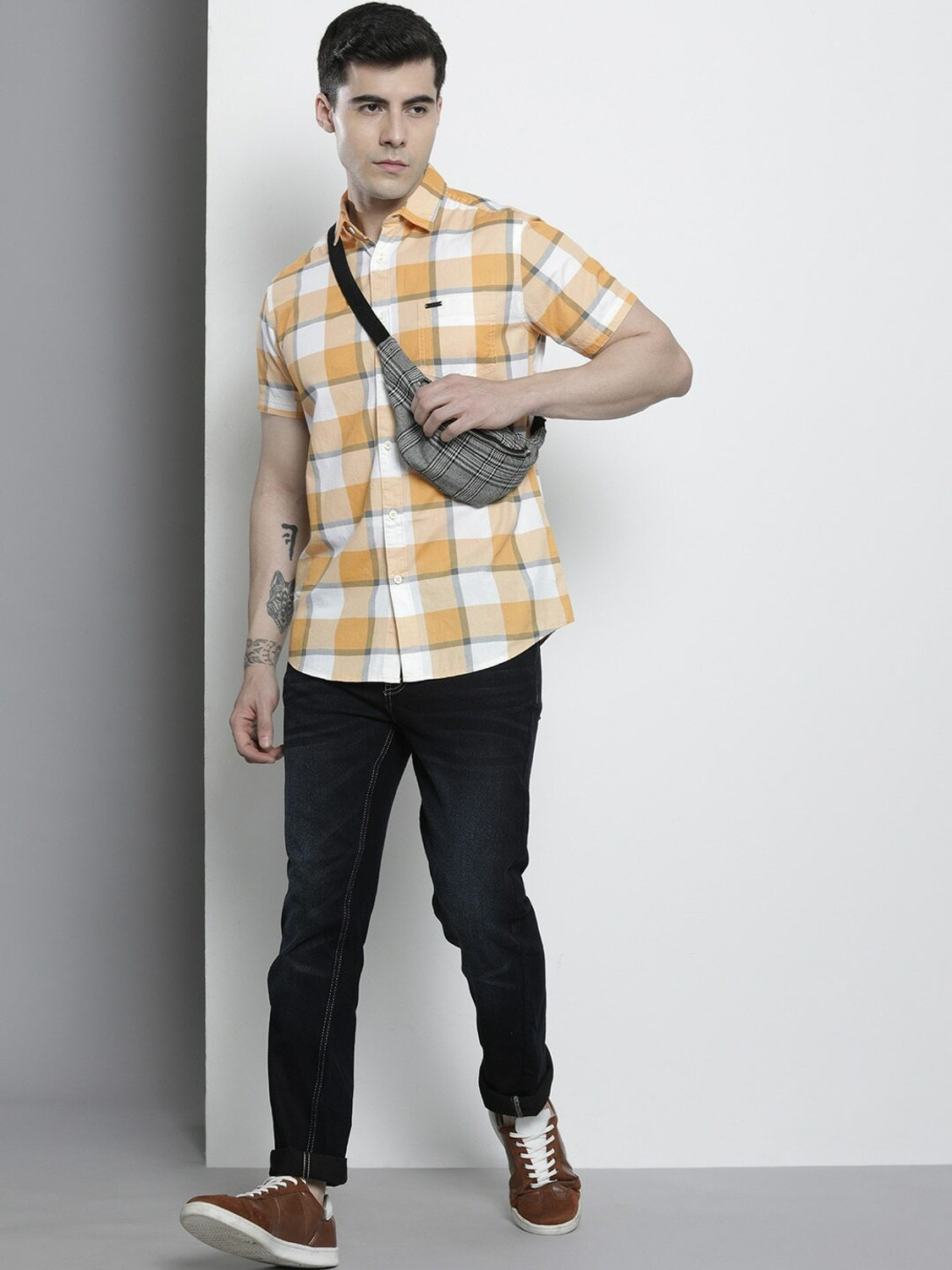 Image of The Indian Garage Co. Men Checkered Casual Yellow Shirt