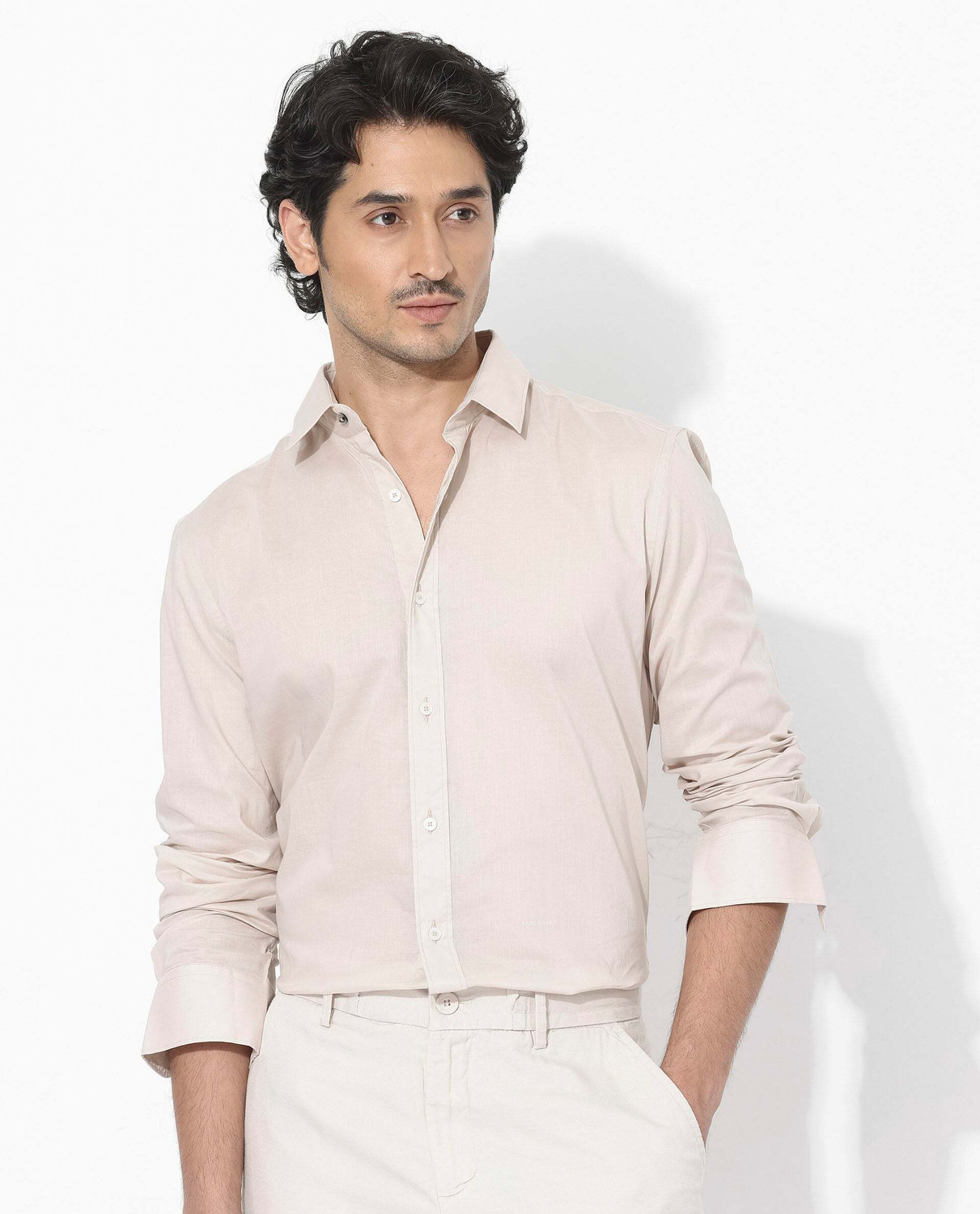 Image of RARE RABBIT Men Solid Casual Beige Shirt