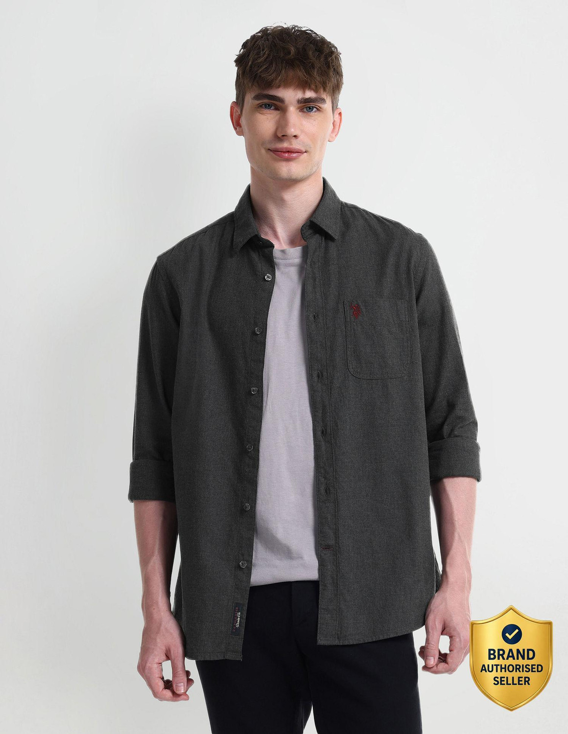 Image of U.S. POLO ASSN. Men Solid Casual Grey Shirt