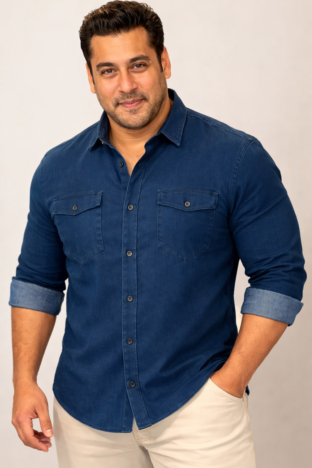 Image of FDN Men Solid Casual Dark Blue Shirt