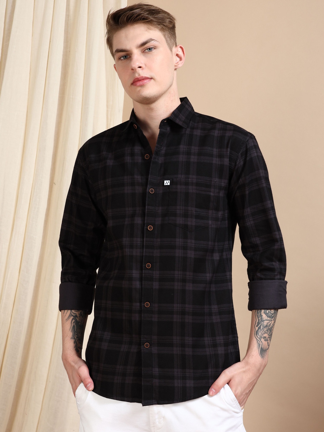 Image of ALLWIN PAUL Men Checkered Casual Black Shirt