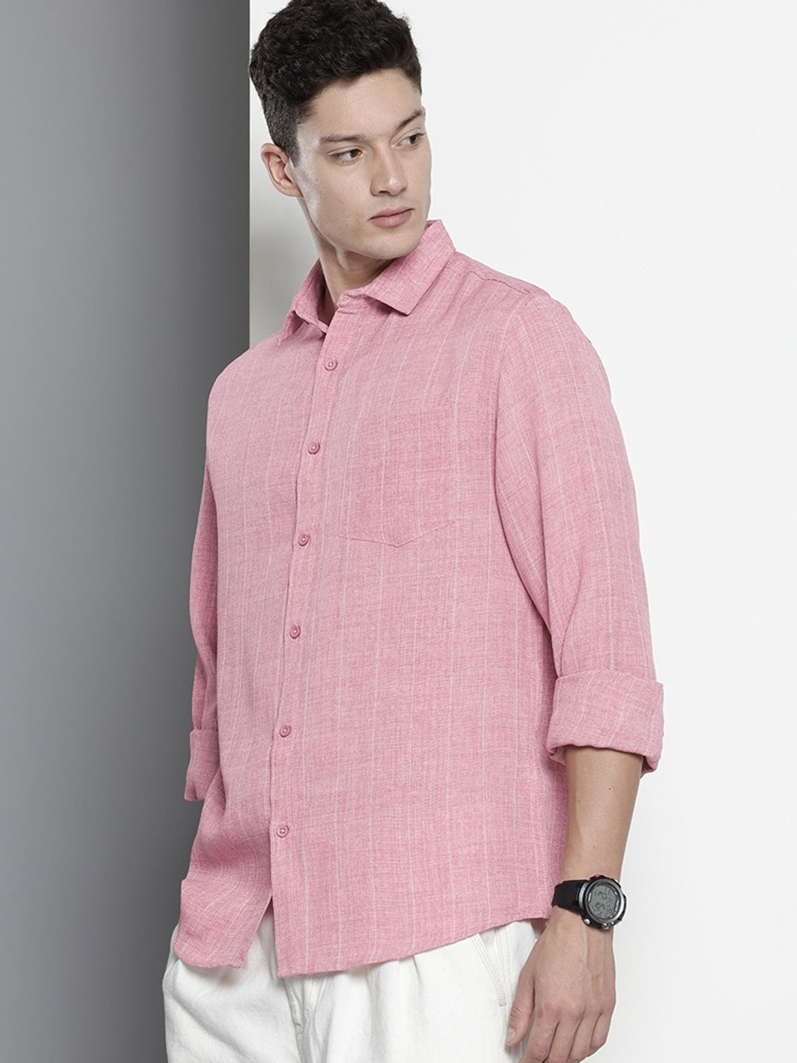 Image of The Indian Garage Co. Men Striped Casual Pink Shirt