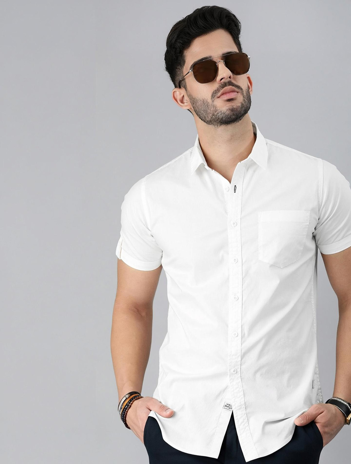 Image of Roadster Men Solid Casual White Shirt