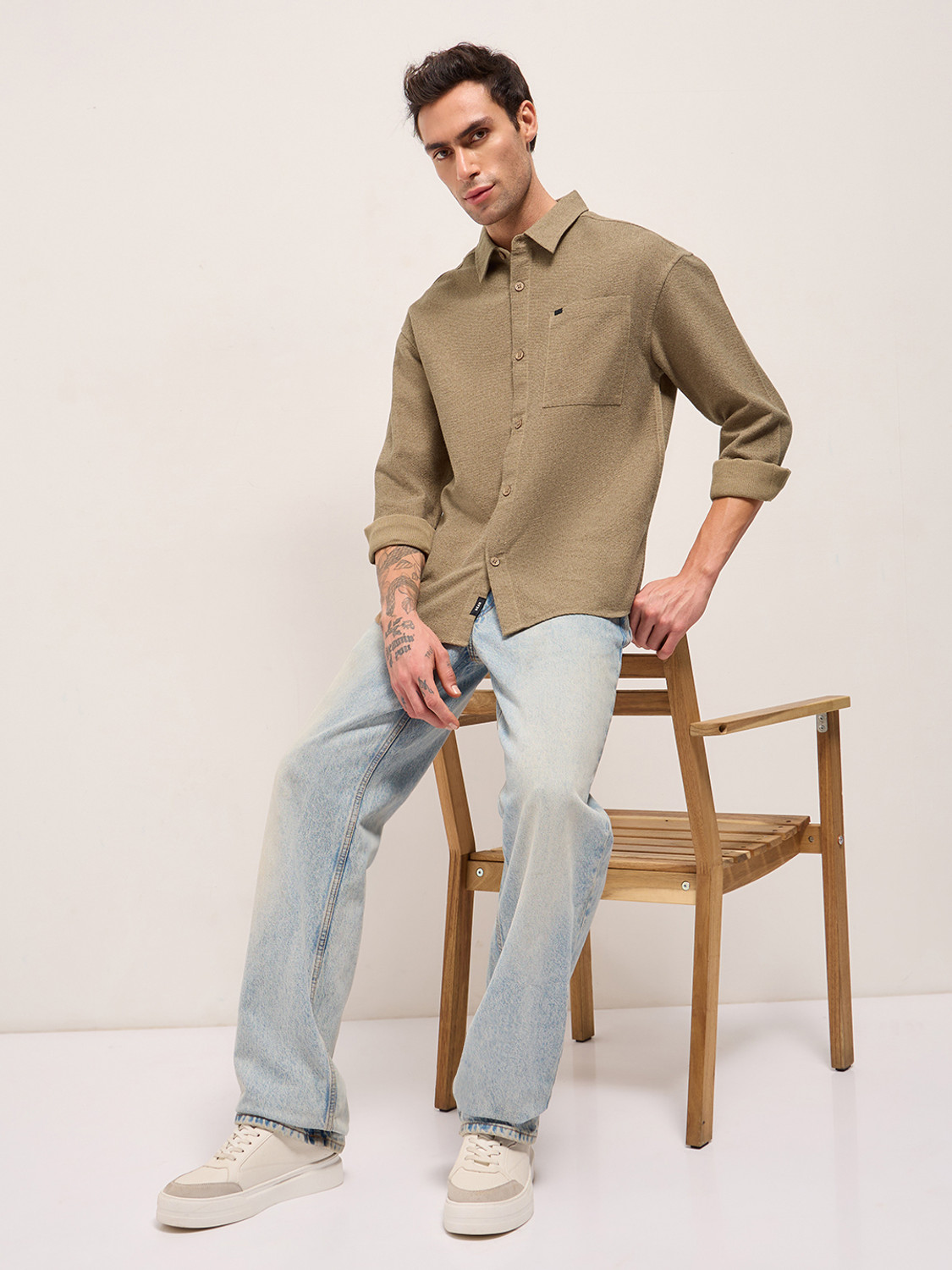 Image of THE BEAR HOUSE Men Solid Casual Beige Shirt
