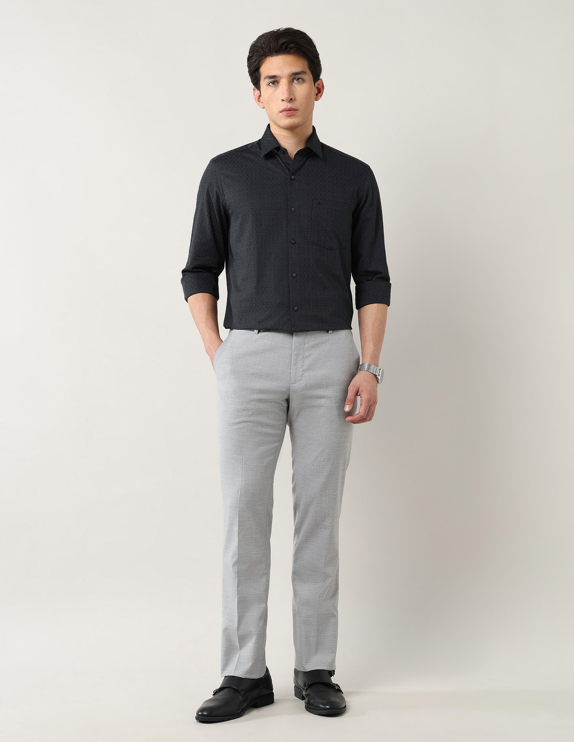 Image of ARROW Men Self Design Formal Grey Shirt