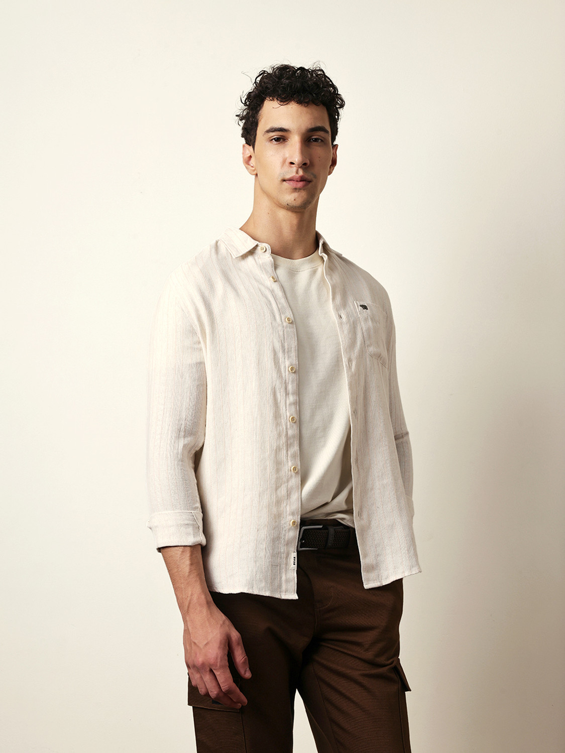 Image of THE BEAR HOUSE Men Striped Casual Cream Shirt