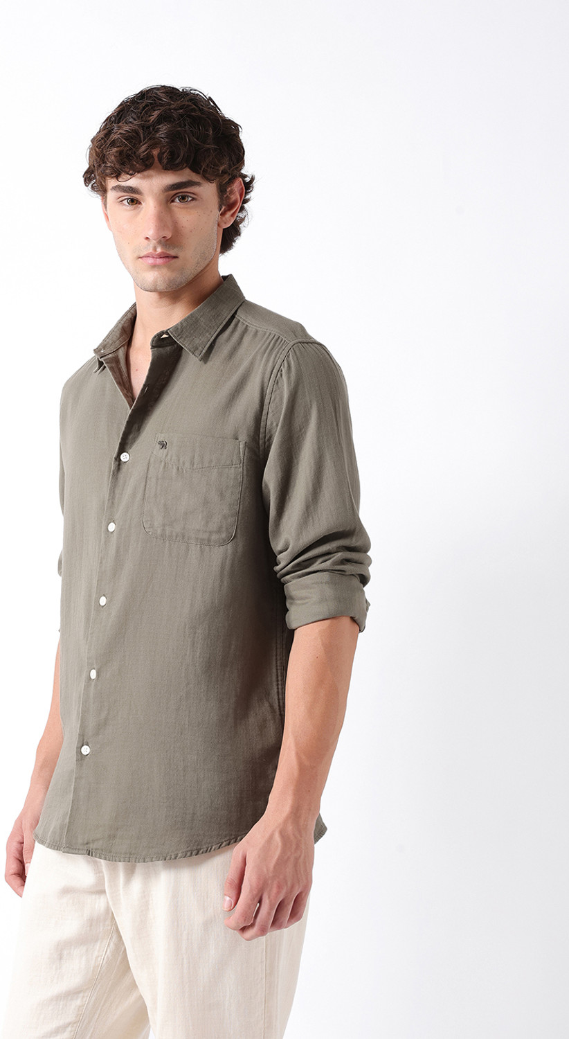 Image of THE BEAR HOUSE Men Solid Casual Grey Shirt