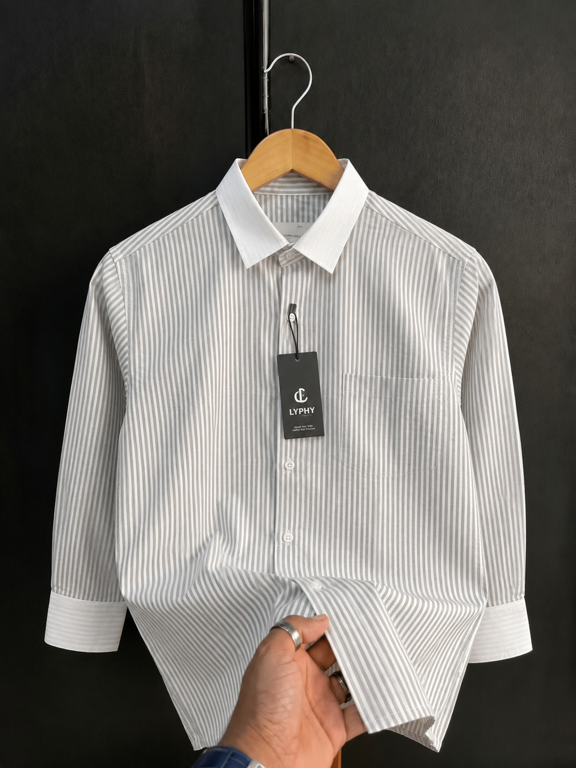 Image of Lyphy Men Striped Casual Grey, White Shirt