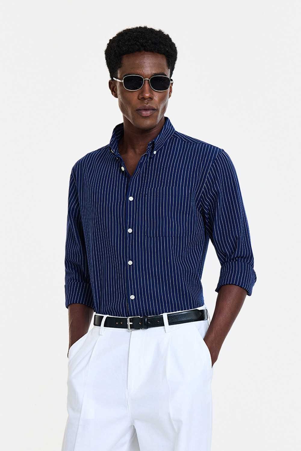 Snitch Men Striped Casual Dark Blue Shirt