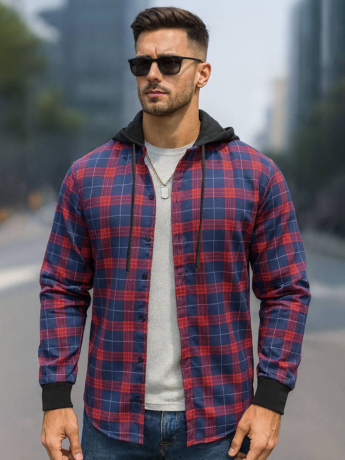 EyeBogler Men Regular Fit Checkered Hood Collar Casual Shirt