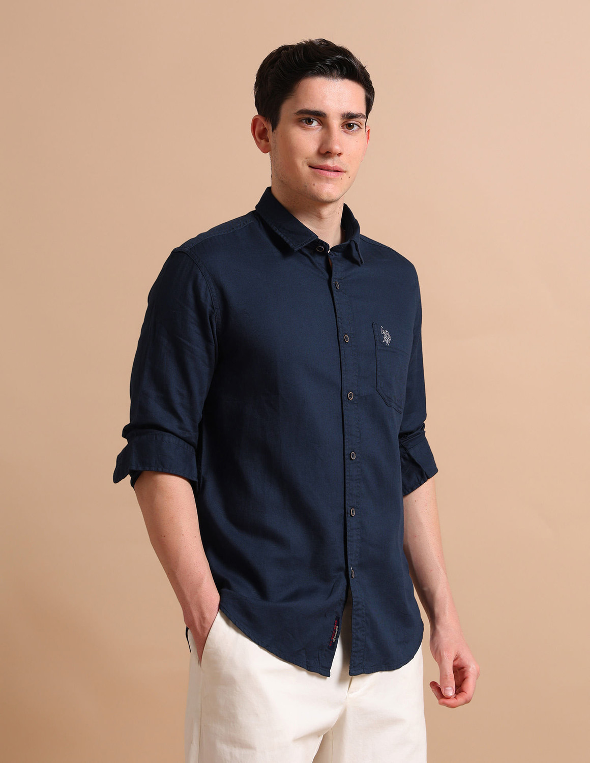 Image of U.S. Polo Assn. Denim Co. Men Solid Casual Dark Blue Shirt