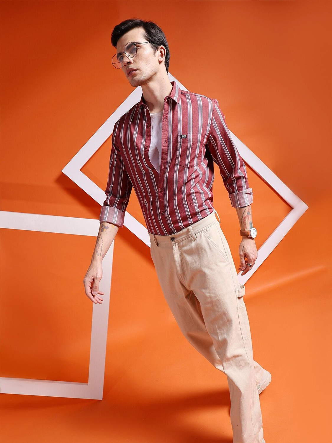 Image of The Indian Garage Co. Men Striped Casual Brown Shirt