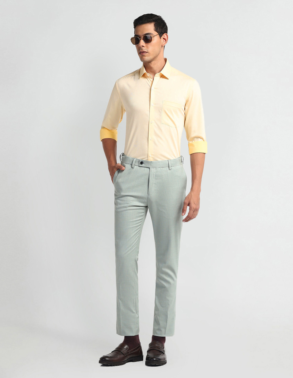 Image of ARROW Men Self Design Formal Yellow Shirt