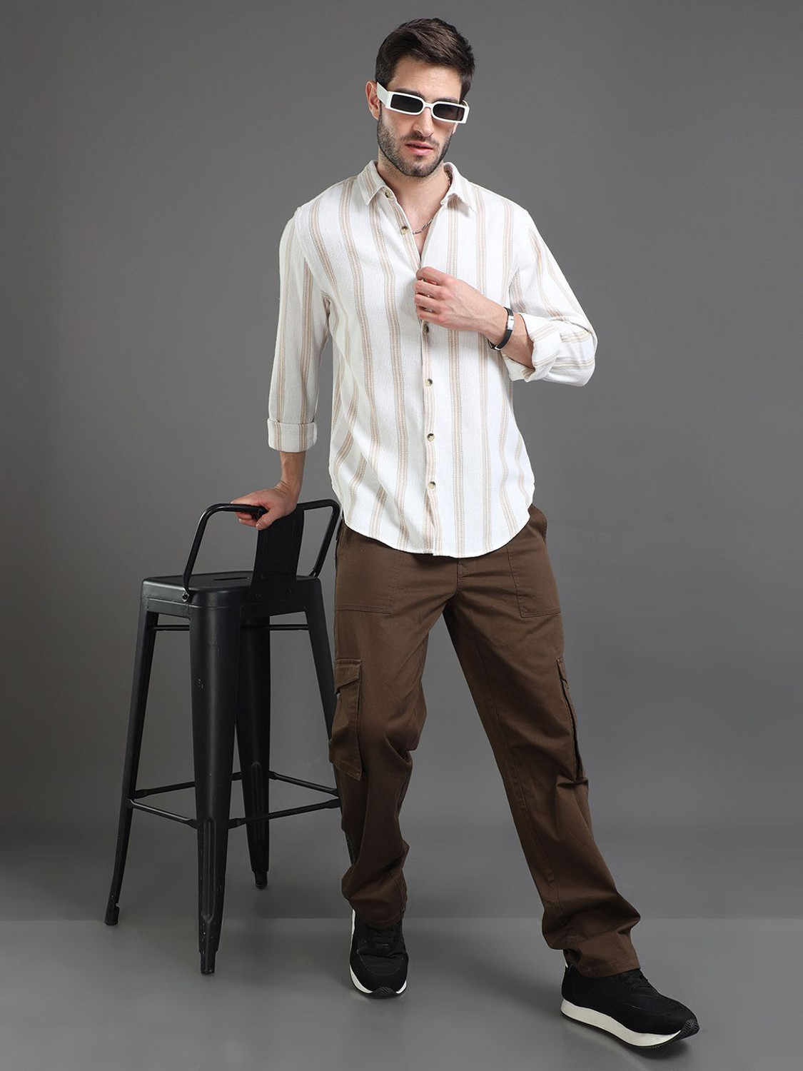 Image of HERE&NOW Men Striped Casual Cream Shirt