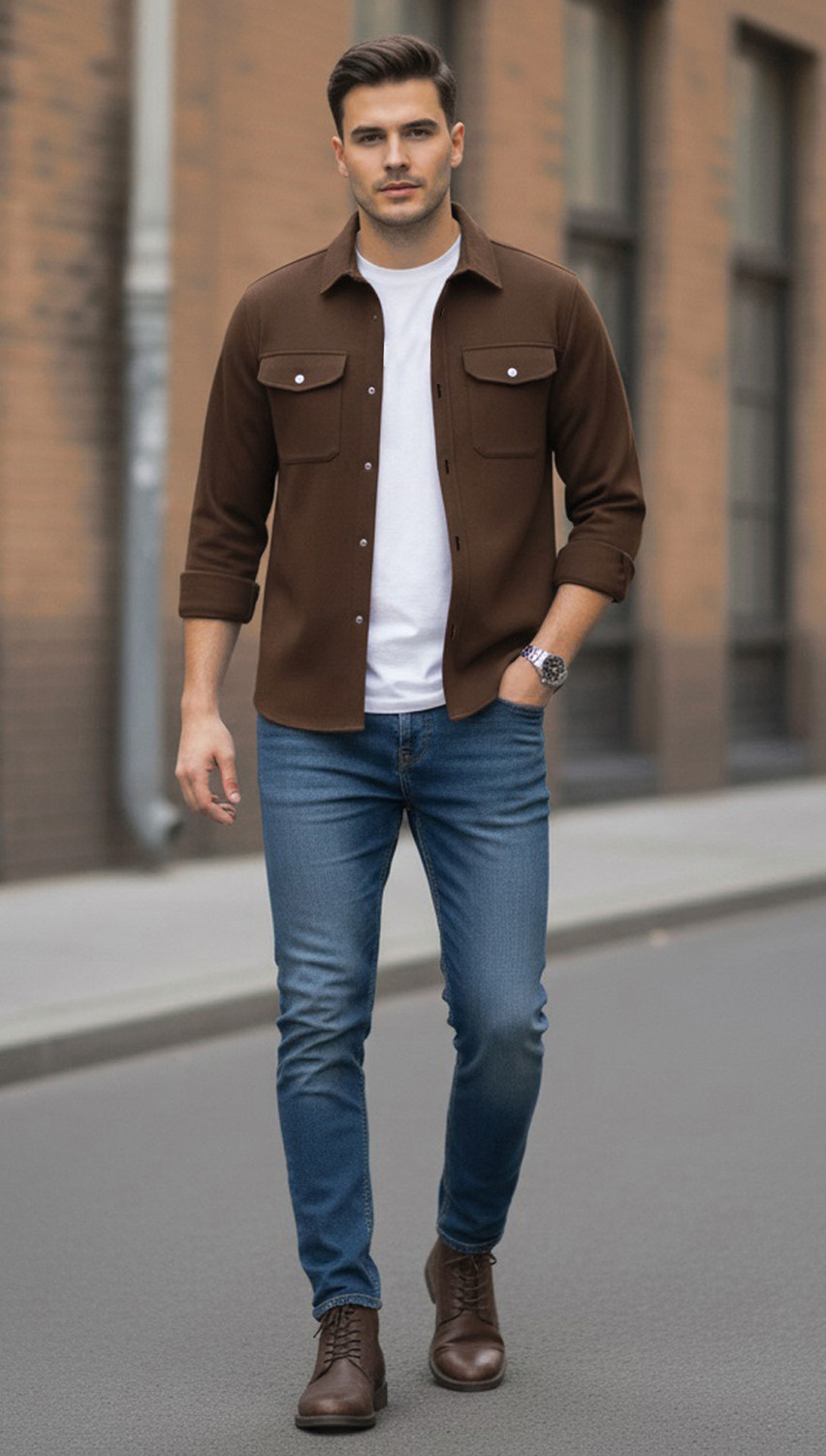Image of VG BROTHER Men Solid Casual Brown Shirt