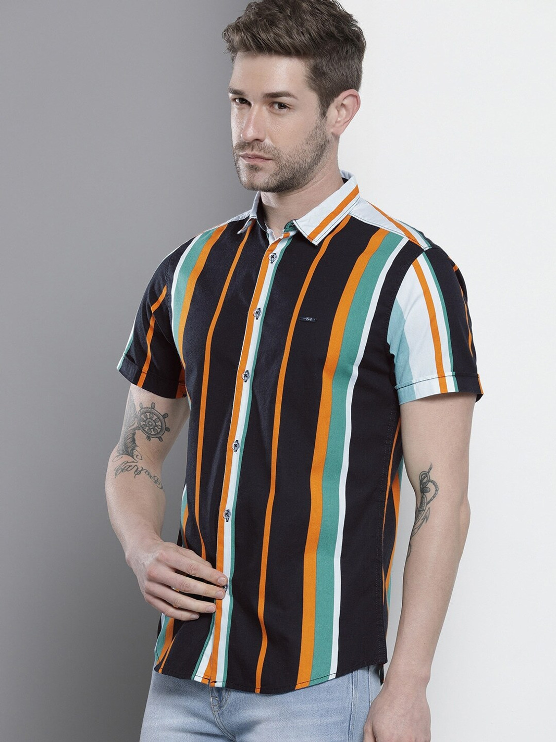Image of The Indian Garage Co. Men Striped Beach Wear Black Shirt
