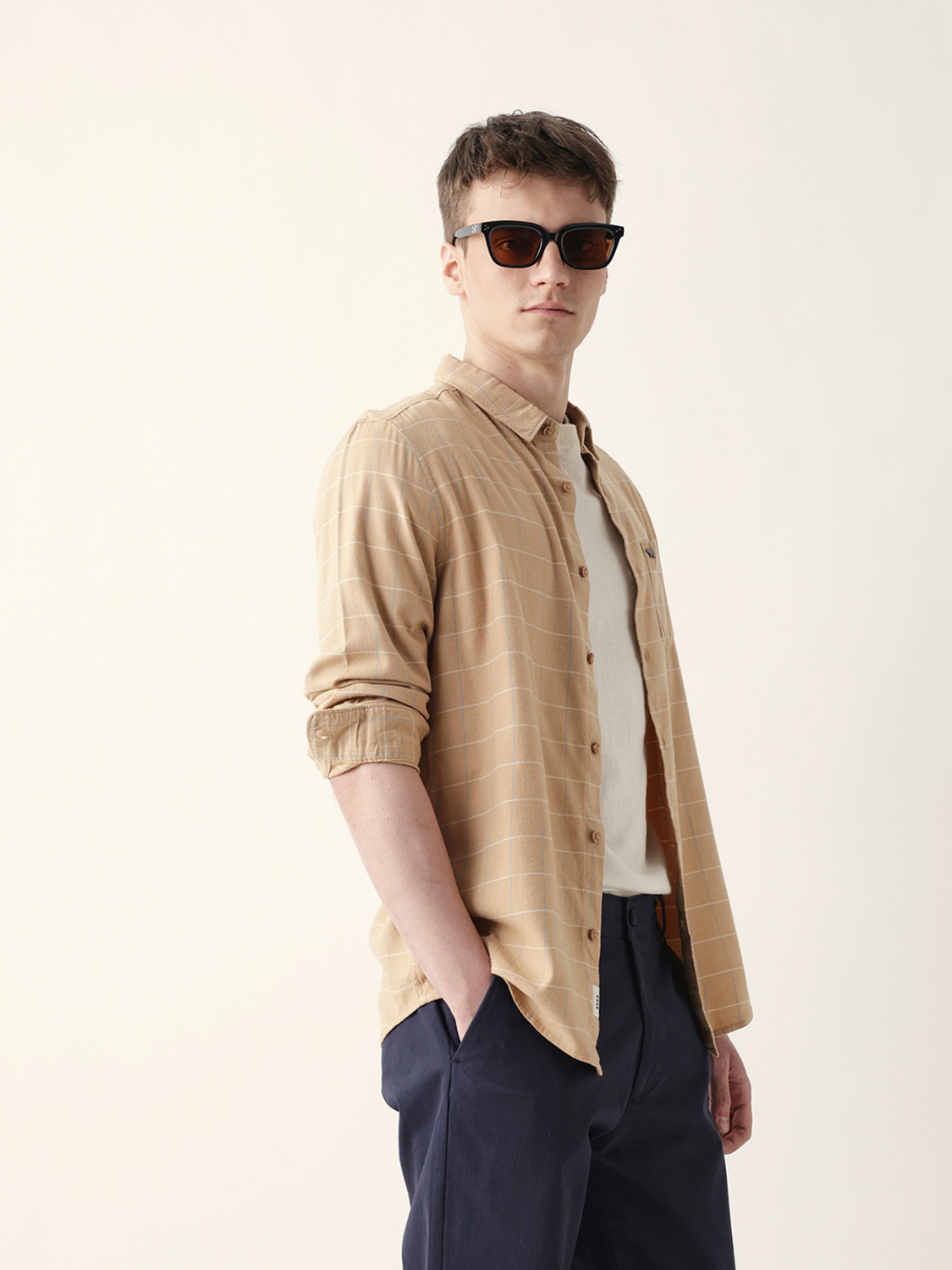 Image of THE BEAR HOUSE Men Checkered Casual Beige Shirt