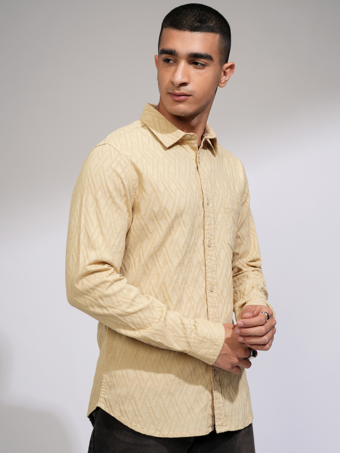 Image of HIGHLANDER Men Self Design Casual Beige Shirt