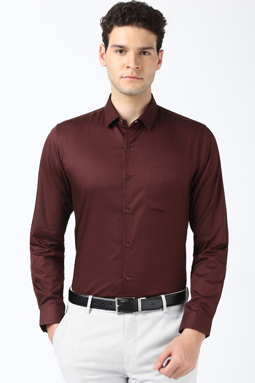 Image of PETER ENGLAND Men Self Design Formal Maroon Shirt