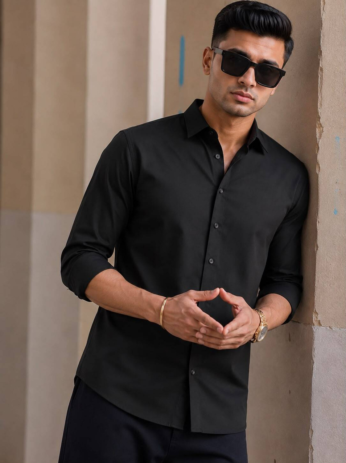 Image of VELLOSTA Men Solid Casual Black Shirt